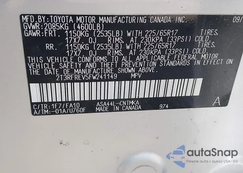 2015 Toyota Rav4 Xle from USA, damaged, VIN 2T3RFREV5FW241149